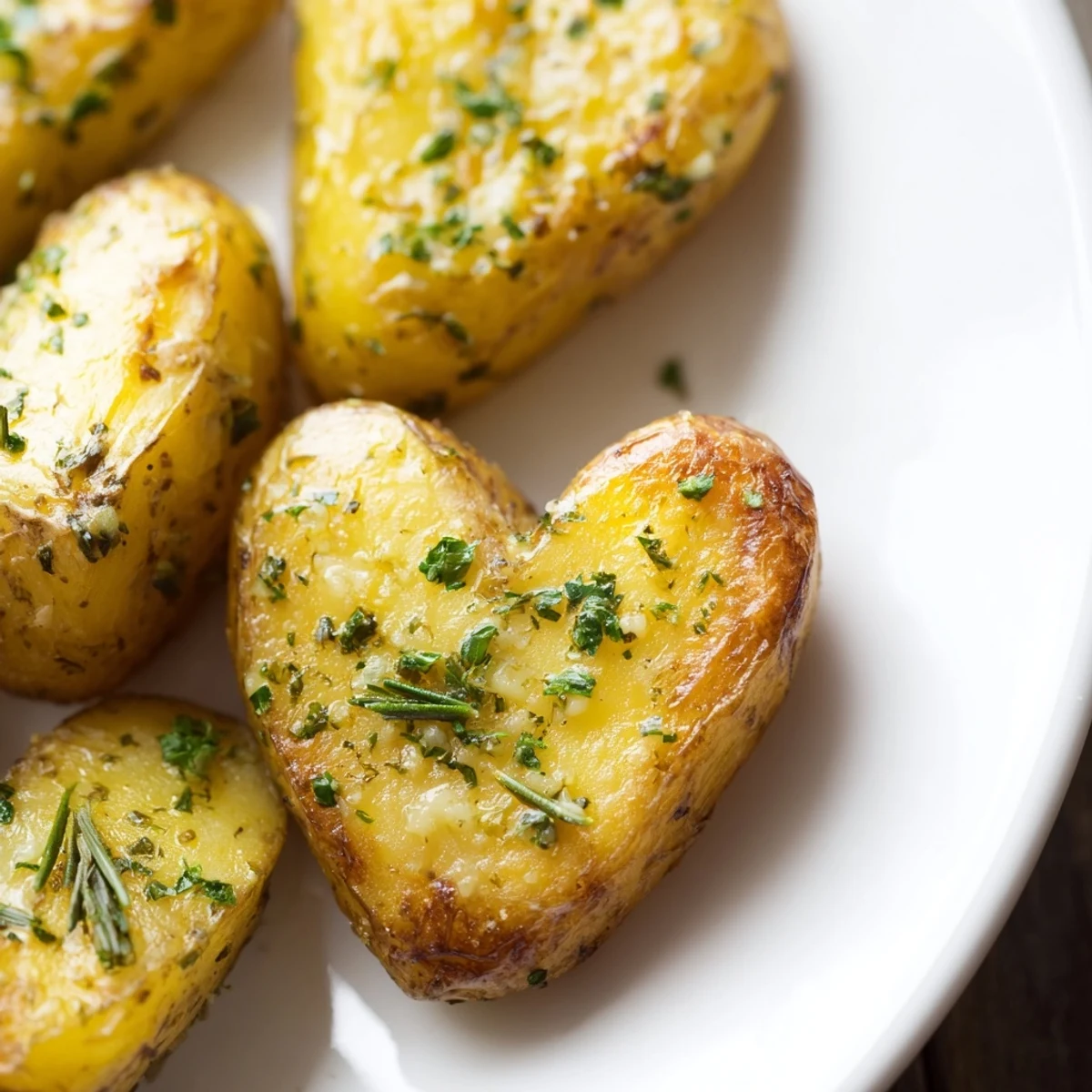 Crisp-edged heart shaped potatoes with garlic herbs, steaming on a rustic wooden serving board.
