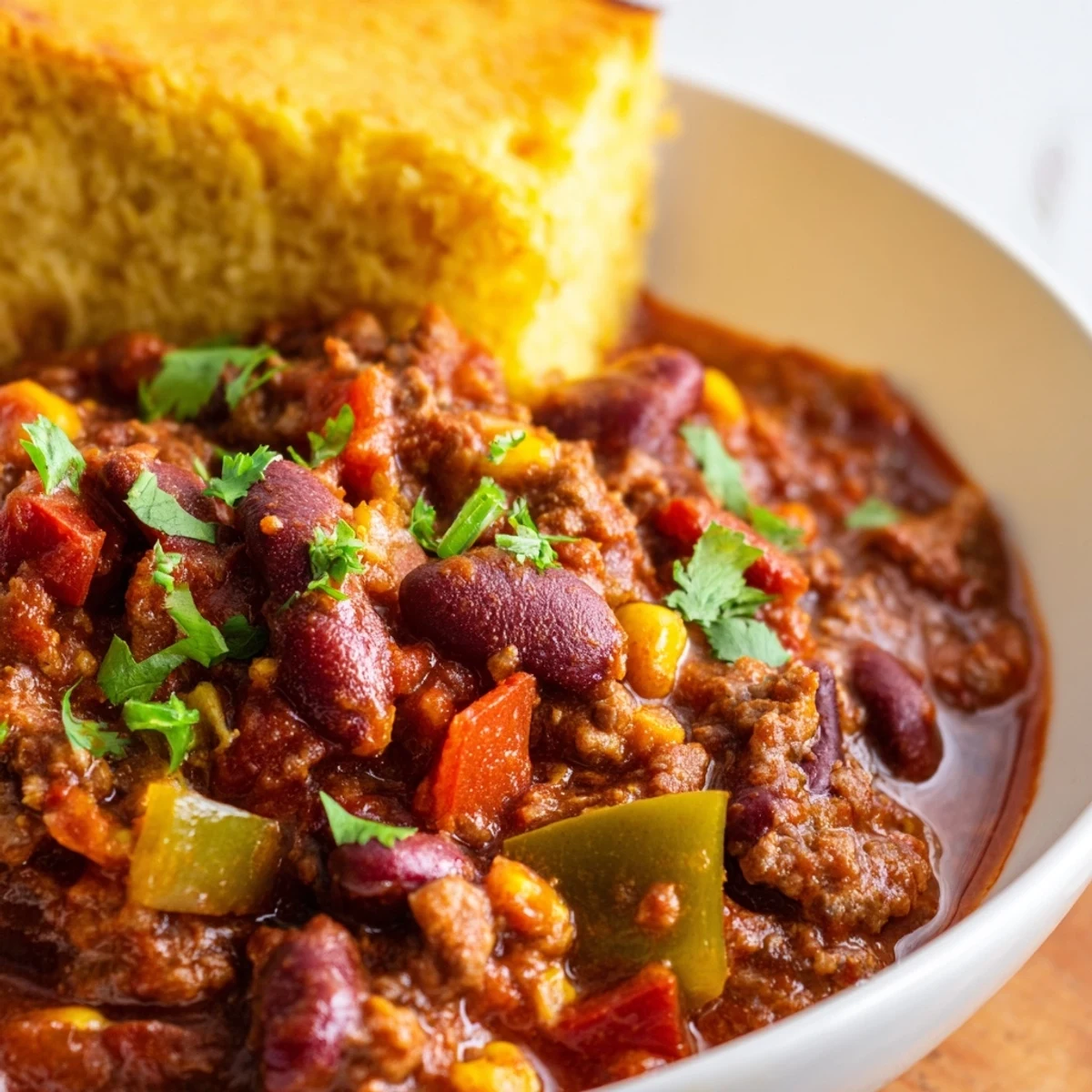 A bowl of hearty Game Day Beef Chili topped with sour cream and cilantro sits next to a slice of cheesy cornbread.