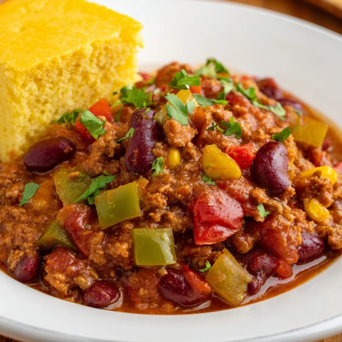 Golden, freshly baked Game Day Beef Chili with Cheddar Cornbread is served warm, garnished with cilantro for a festive gathering.
