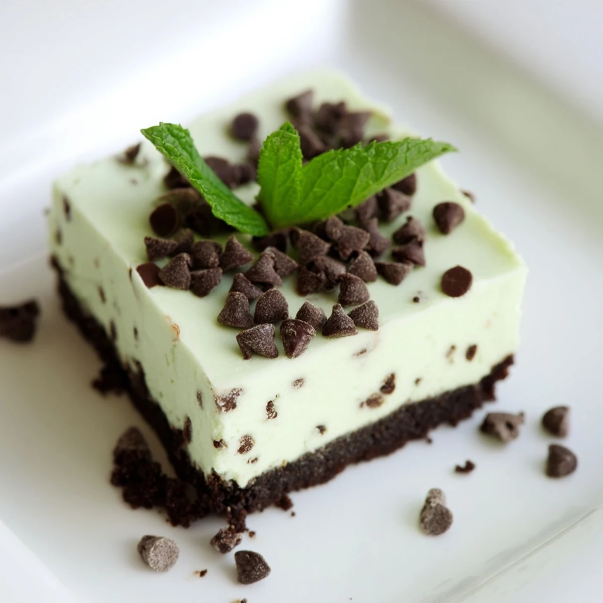 Freshly cut mint chocolate chip cheesecake bars on a parchment-lined tray, showcasing the creamy mint filling and chocolate cookie crust.