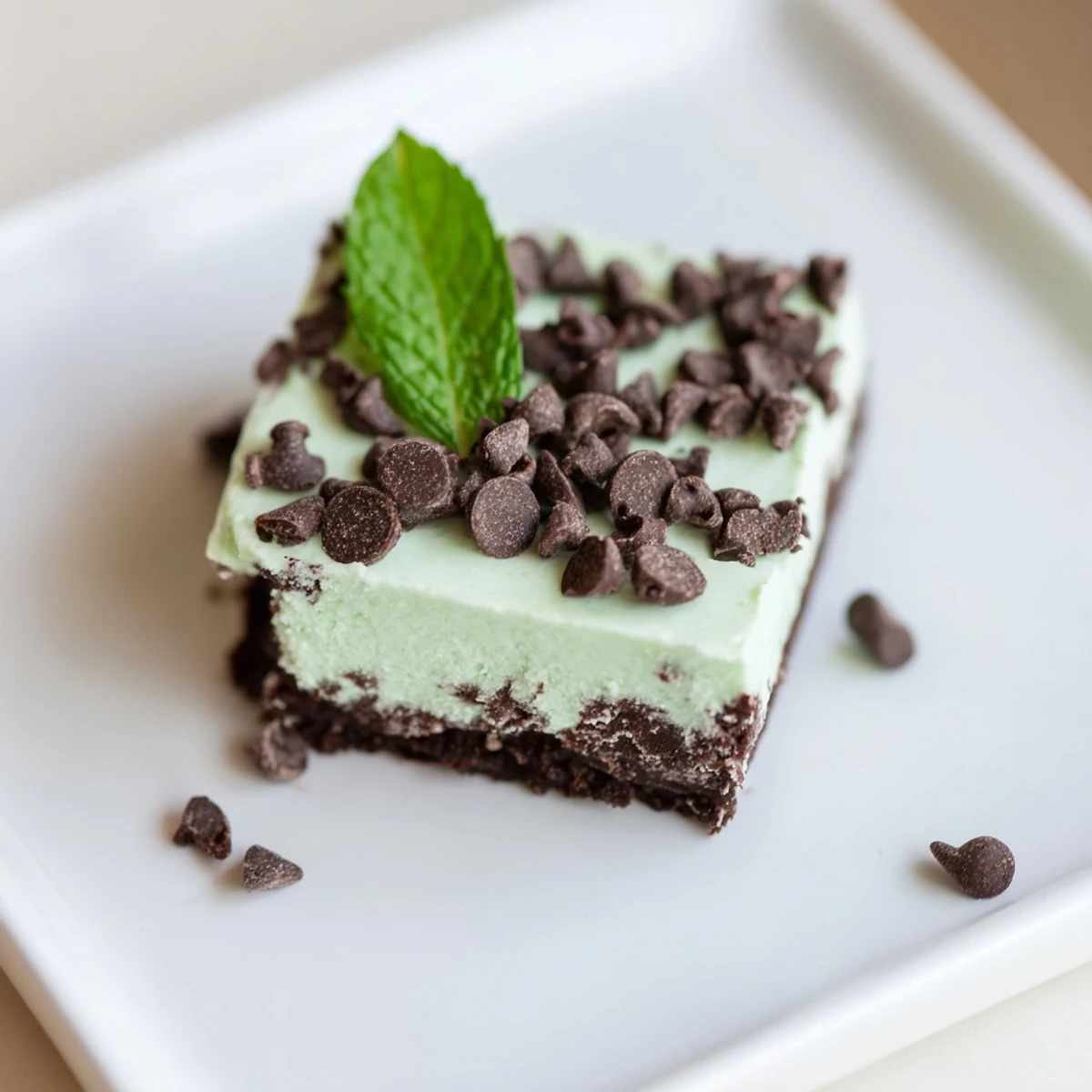 A close-up of a mint chocolate chip cheesecake bar on a white plate, topped with chocolate chips and fresh mint.