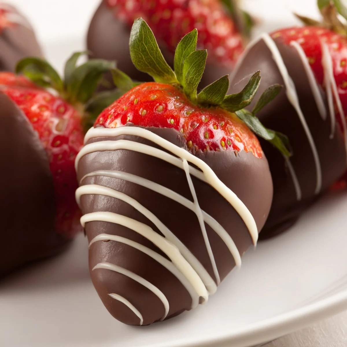 A close-up of chocolate dipped strawberries with white drizzle, showcasing glossy dark chocolate coating and elegant drizzles on ripe red berries.