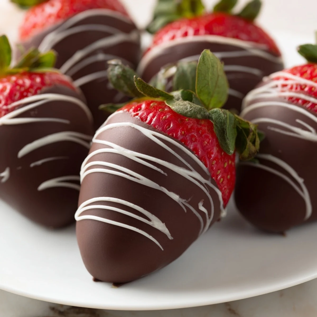 Vivid photo of homemade chocolate dipped strawberries with white drizzle, featuring heart-shaped patterns and juicy red strawberries.