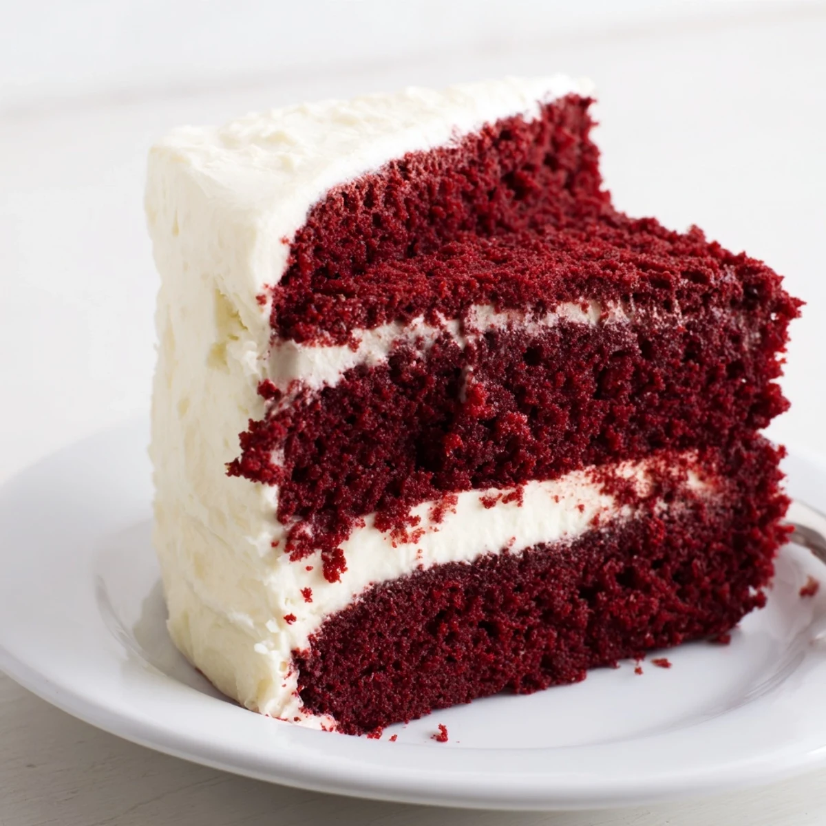 A perfectly stacked red velvet layer cake showcases its rich, crimson crumb and smooth, tangy cream cheese frosting.  