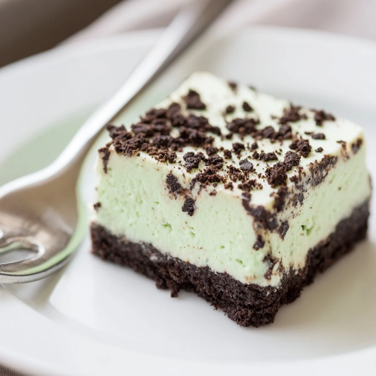 Mint Chocolate Chip Cheesecake Bars with Crust are served chilled on a wooden board, offering a refreshing, creamy dessert perfect for any occasion.