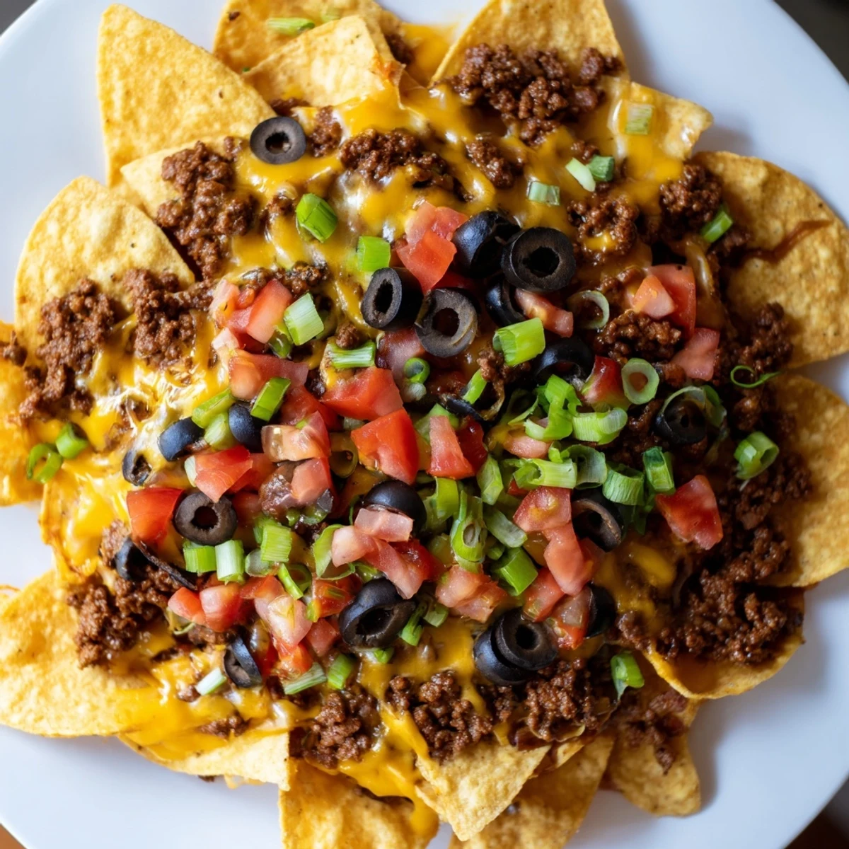 A shared platter of Spicy Beef Nachos Supreme with Fresh Guacamole, featuring golden melted cheese, spicy ground beef, fresh tomatoes, olives, and a side of creamy guacamole for dipping.