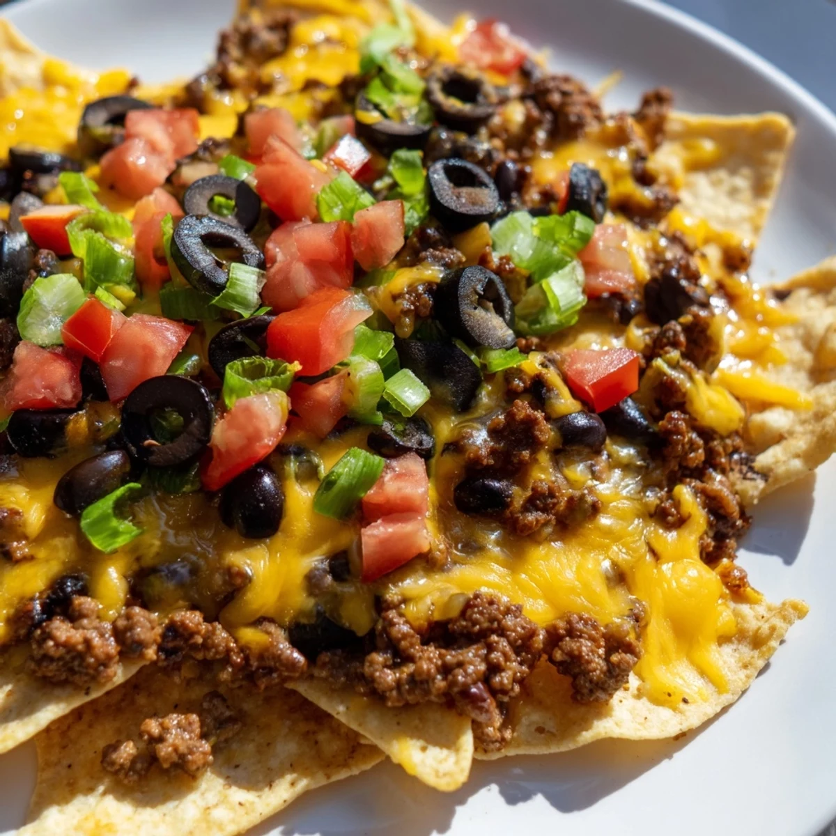 From above, Spicy Beef Nachos Supreme with Fresh Guacamole displays a bubbling layer of cheese and beef over tortilla chips, garnished with tomatoes, green onions, and a bright bowl of guacamole.