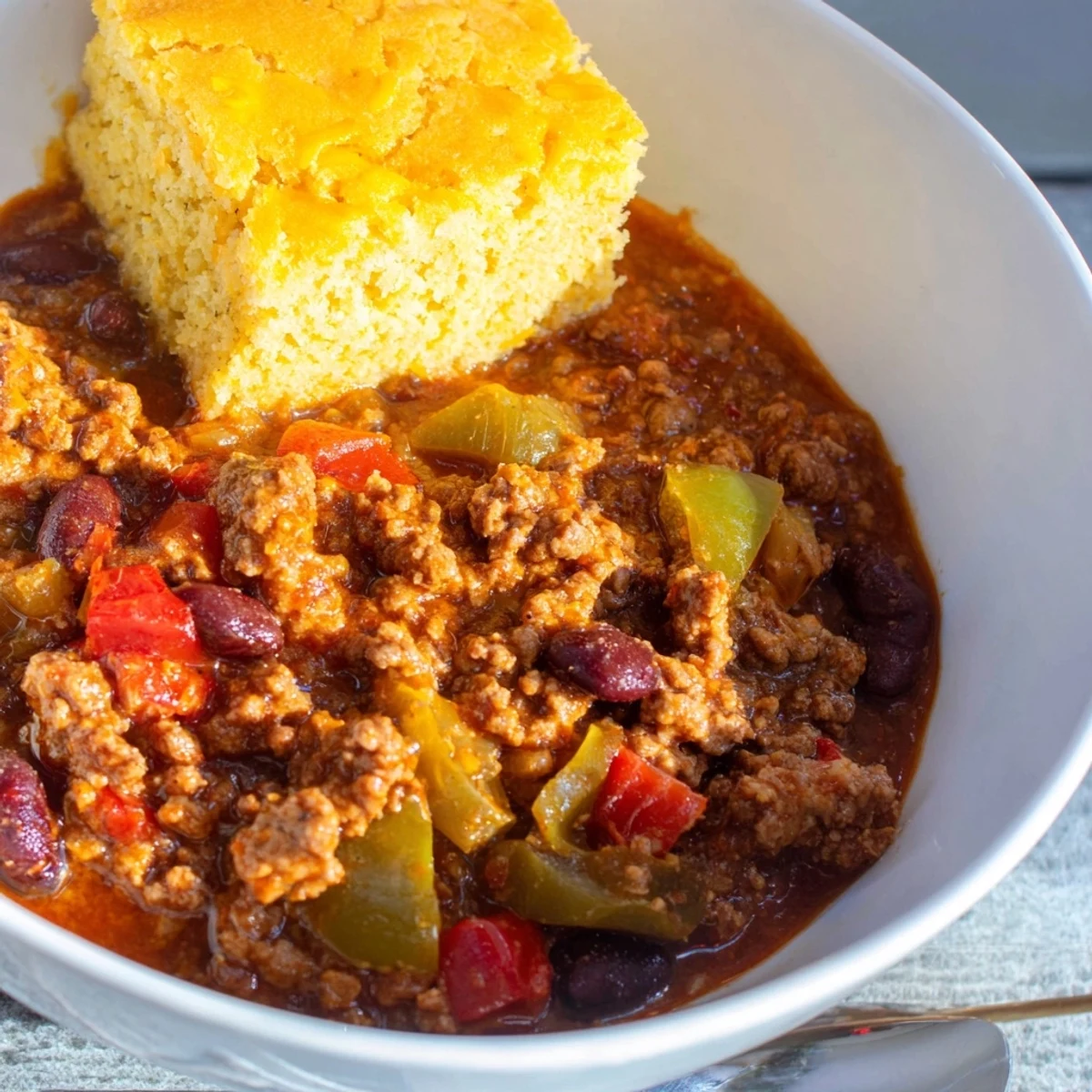 Golden cheddar cornbread squares rest beside a steaming pot of Game Day Beef Chili, garnished with fresh green onions.