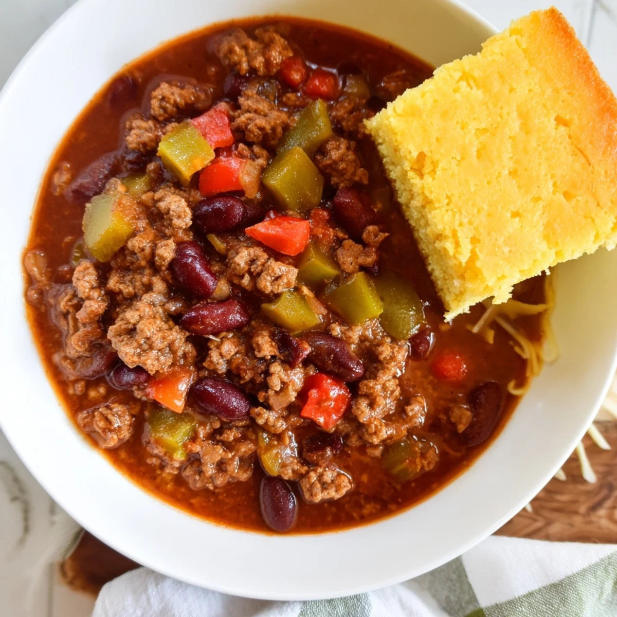 Hearty Game Day Beef Chili simmers with beans and spices, paired with a slice of moist cheddar cornbread for dipping.