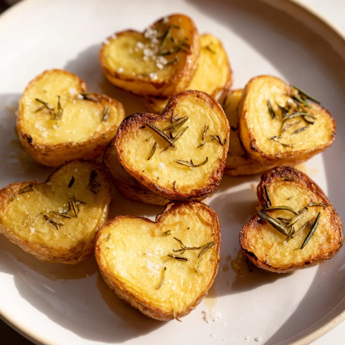 Golden brown roasted heart shaped potatoes with rosemary garnish, crispy edges and fluffy centers, perfect for a romantic Valentine’s side dish.