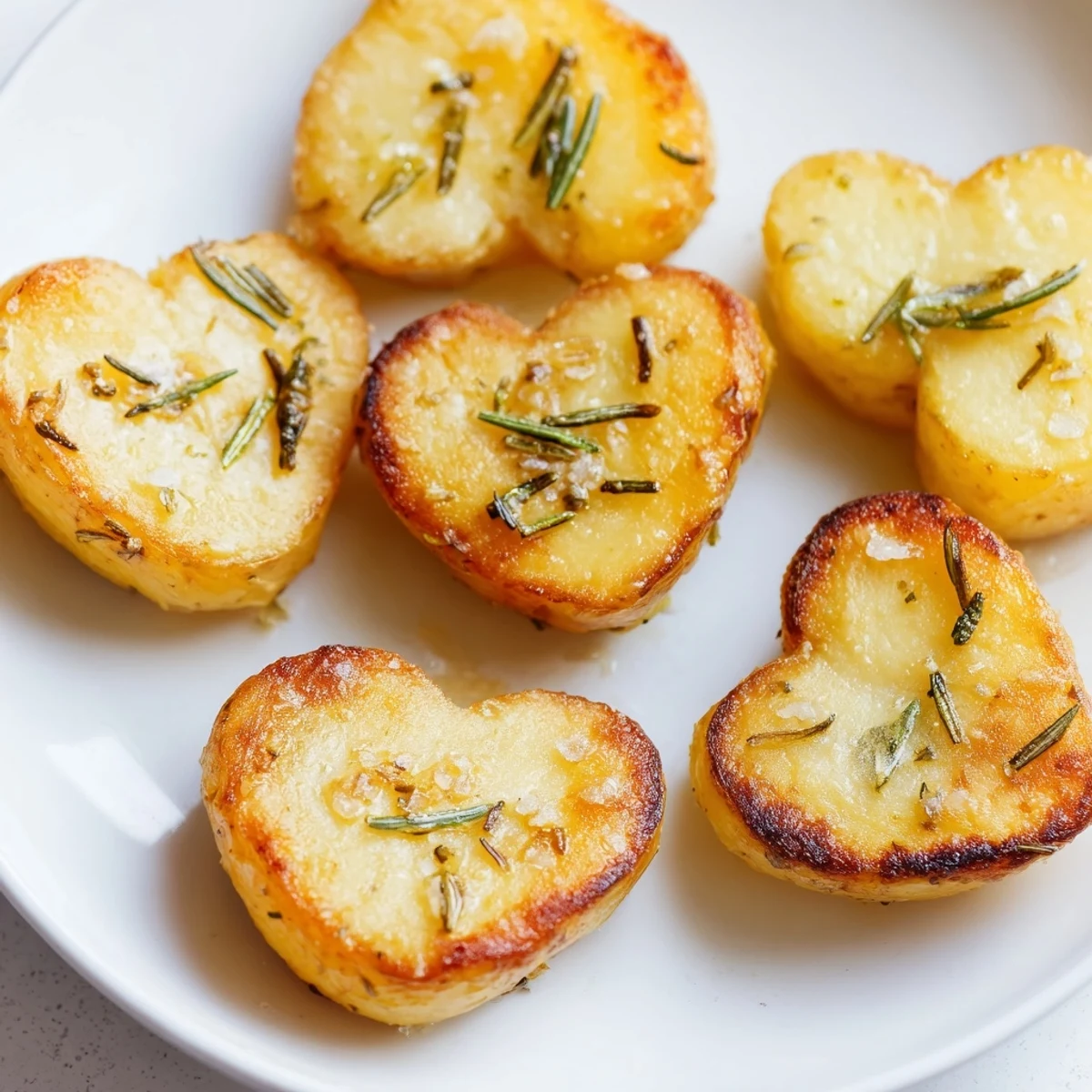 A close-up of roasted heart shaped potatoes with rosemary, served warm on a rustic plate for a cozy dinner.