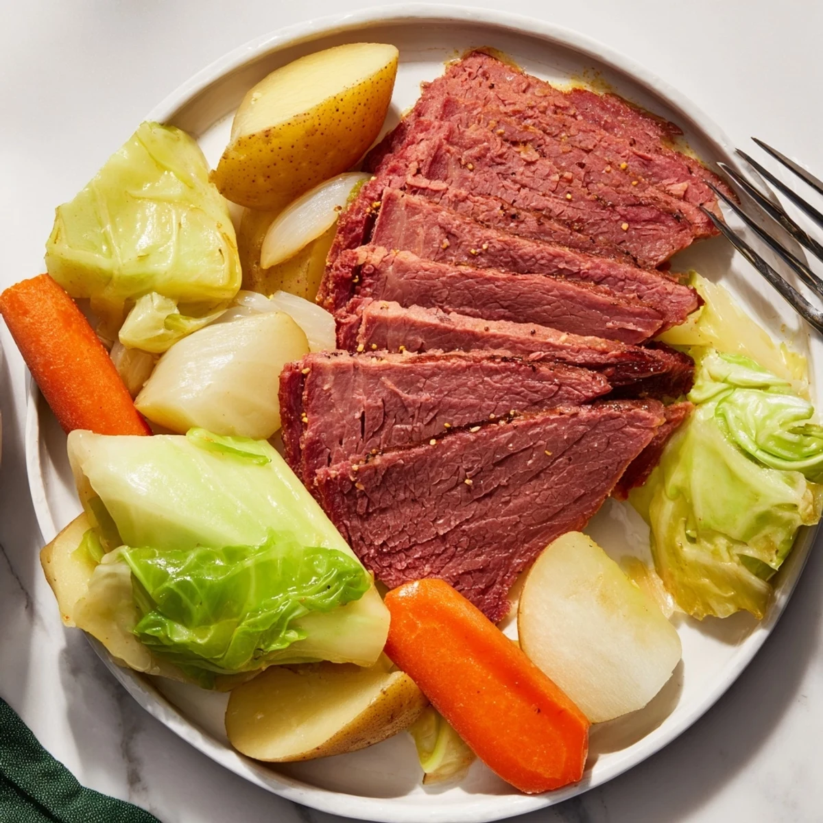 A hearty serving of Slow Cooked Corned Beef with Cabbage and Potatoes, garnished with fresh parsley and drizzled with rich broth, ready to enjoy.