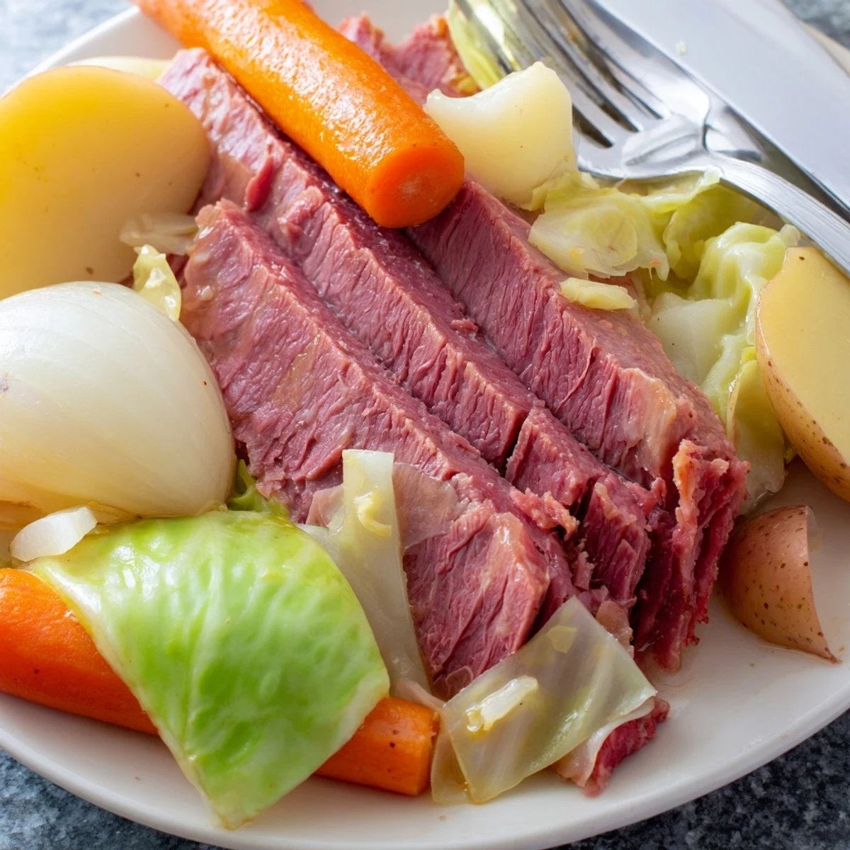 Close-up of Slow Cooked Corned Beef with Cabbage and Potatoes, showing perfectly cooked carrots and potatoes nestled beside fork-tender corned beef.