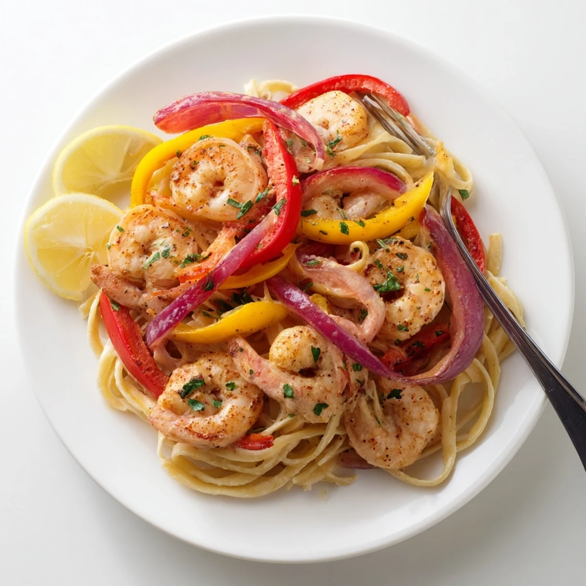 Plated Creamy Cajun Shrimp Pasta with Bell Peppers beside a glass of white wine makes a perfect weeknight dinner.