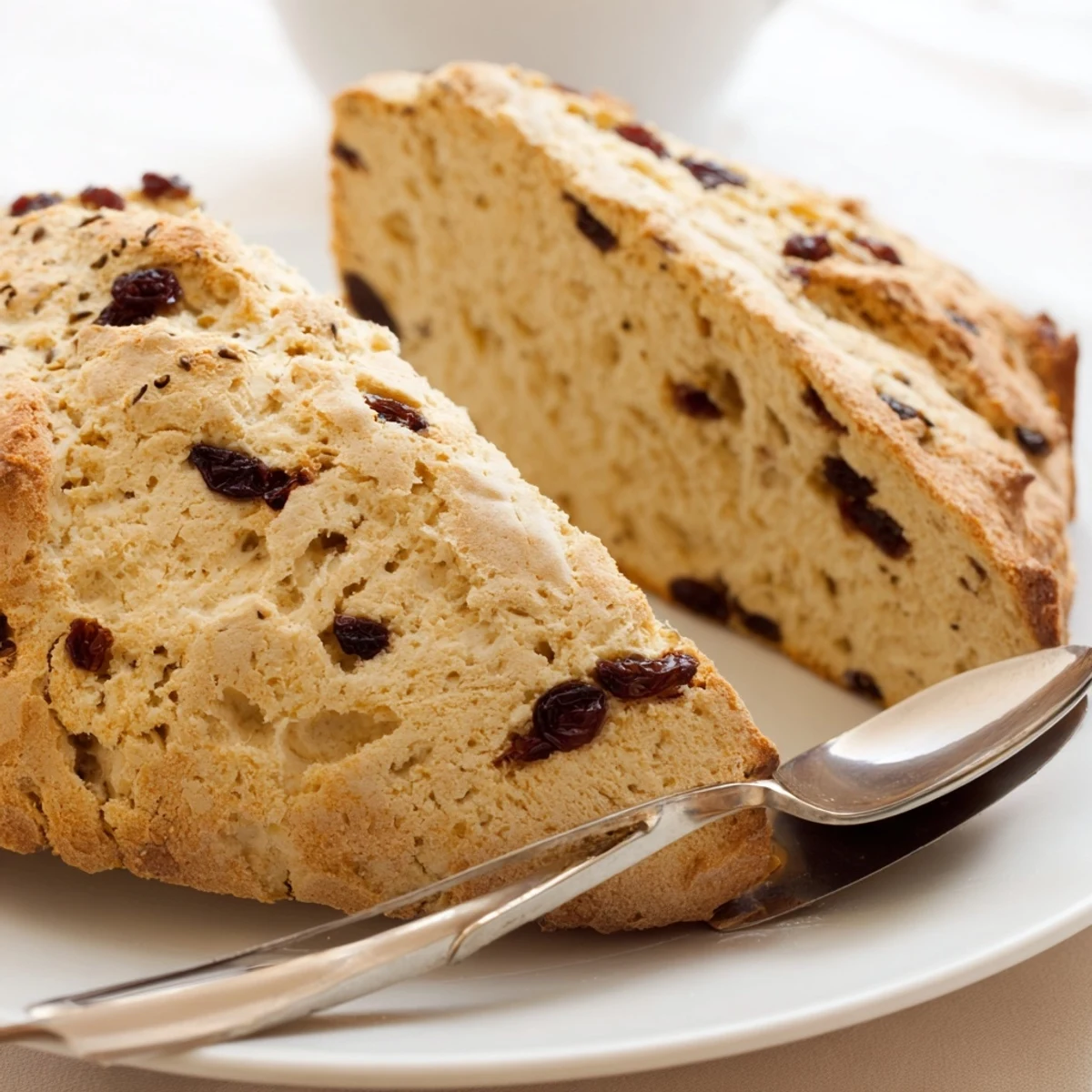 Freshly baked Irish Soda Bread with Currants and Caraway Seeds, its rustic crust dusted with flour, ready to be enjoyed with a pat of butter and honey.