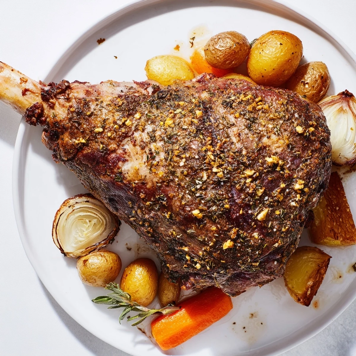 A perfectly sliced piece of Slow Roasted Leg of Lamb with Lemon and Oregano reveals juicy pink meat.