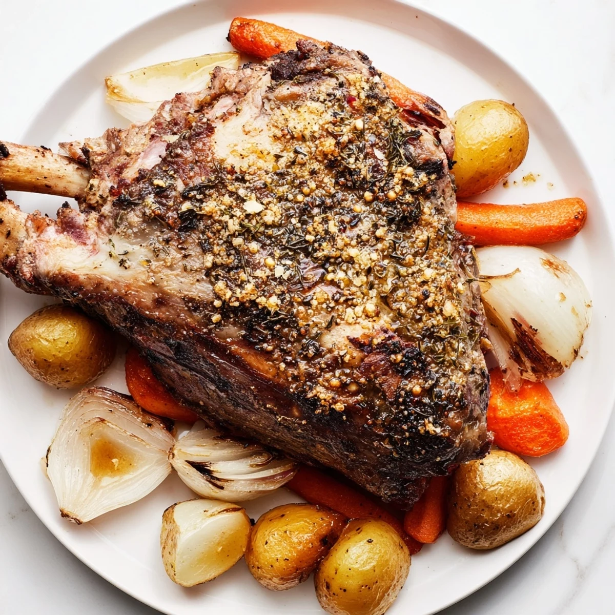 A rustic platter featuring Slow Roasted Leg of Lamb with Lemon and Oregano, surrounded by lemon wedges and fresh herbs.