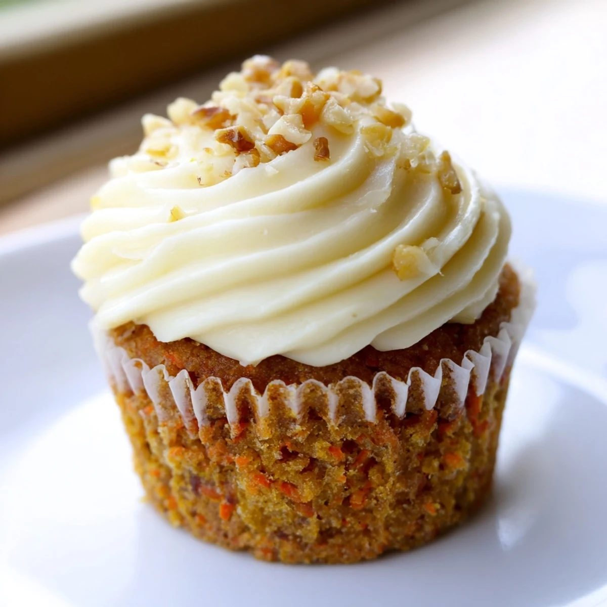 A platter of homemade carrot cake cupcakes with cream cheese frosting, ready for a spring bake sale or afternoon dessert treat.