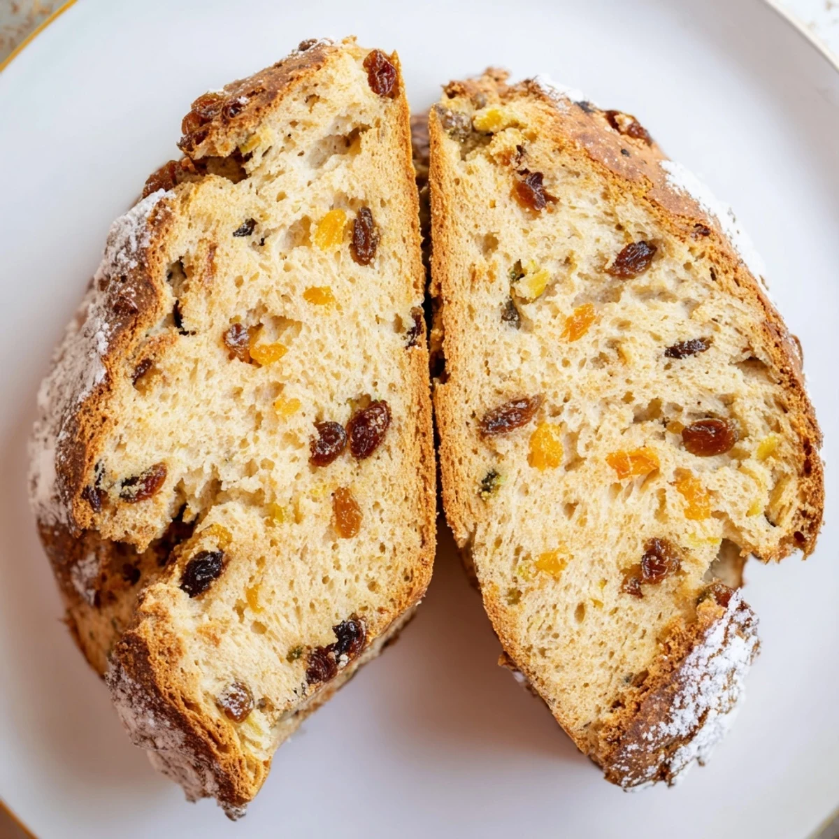 Warm slice of Irish Soda Bread with Raisins and Orange Zest on a plate, a pat of melting butter and a cup of tea nearby.