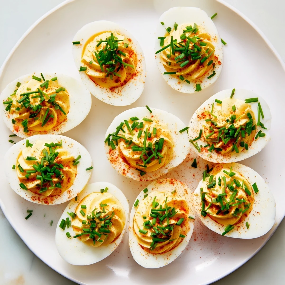 A close-up of deviled eggs with chives and smoked paprika, showing creamy yellow filling in halved egg whites.  