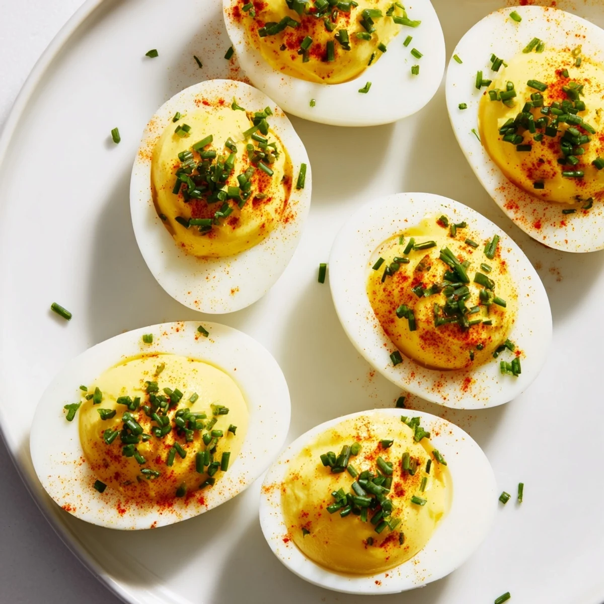 Perfect for a spring party, these deviled eggs with chives and smoked paprika are garnished with fresh herbs.  