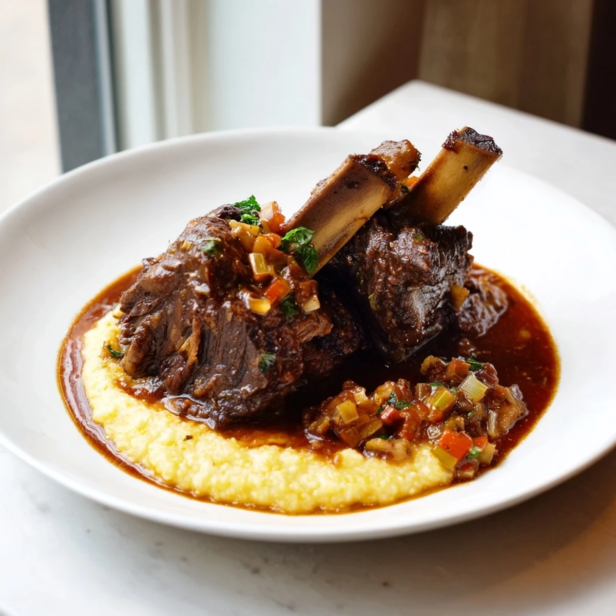 Savory braised beef short ribs and creamy polenta, a gluten-free Italian-American main dish perfect for dinner.