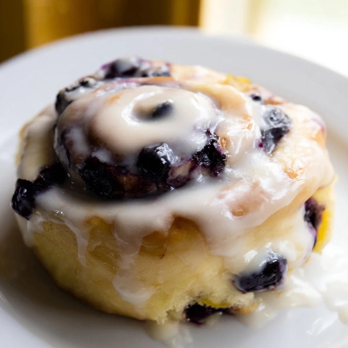 Freshly baked Lemon Blueberry Sweet Rolls drizzled with vanilla icing, served alongside a cup of coffee.  