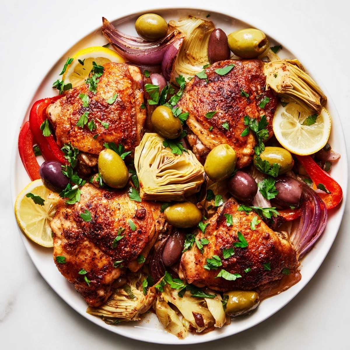 Sheet Pan Chicken with Artichokes and Olives roasted with red onion and bell pepper on a dark sheet pan, garnished with fresh parsley.