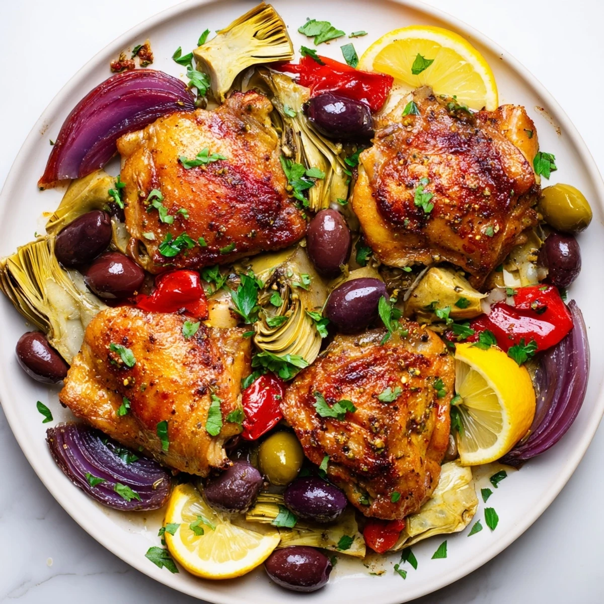 A close-up of Sheet Pan Chicken with Artichokes and Olives featuring juicy thighs, tender artichoke hearts, and briny olives with a fragrant herb crust.