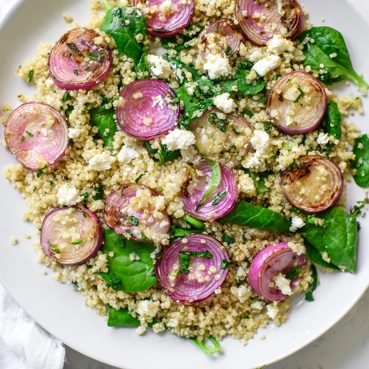 A serving of Warm Quinoa Salad with Roasted Radishes and Feta paired with bright lemony dressing