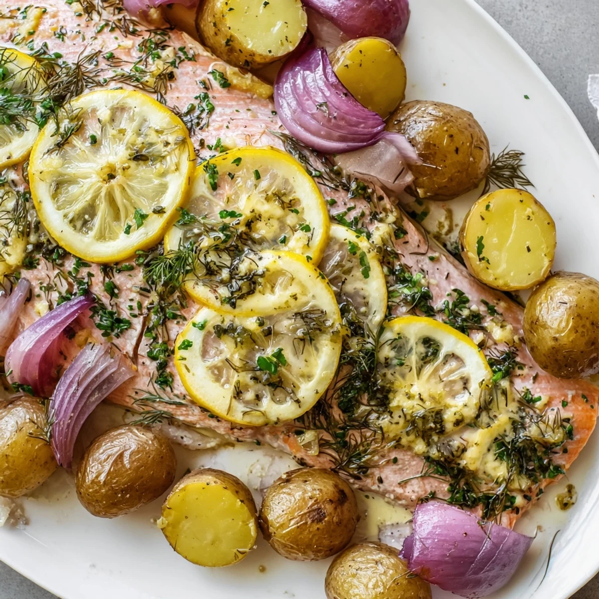 Golden-brown Sheet Pan Lemon Herb Salmon fillets roasted alongside tender baby potatoes, garnished with fresh herbs and lemon slices.