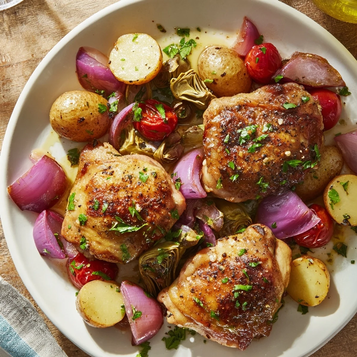 Fresh lemon herb chicken thighs rest beside roasted artichokes and potatoes in this easy one-pan dinner.