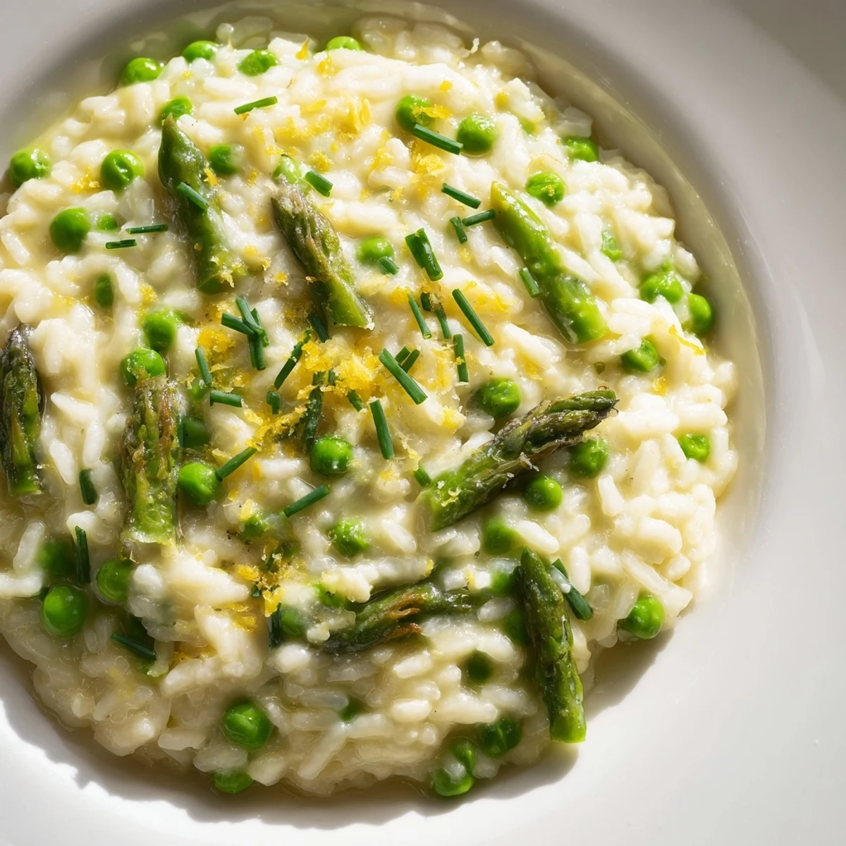 Creamy Spring Pea and Asparagus Risotto in a white bowl, garnished with fresh chives and a lemon wedge for brightness.
