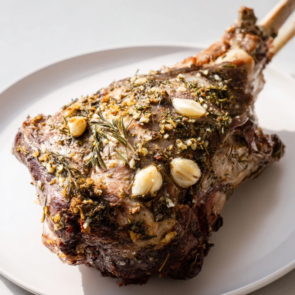 Garlic and rosemary scented slow roasted leg of lamb rests beside wine pan juices and onions for serving.