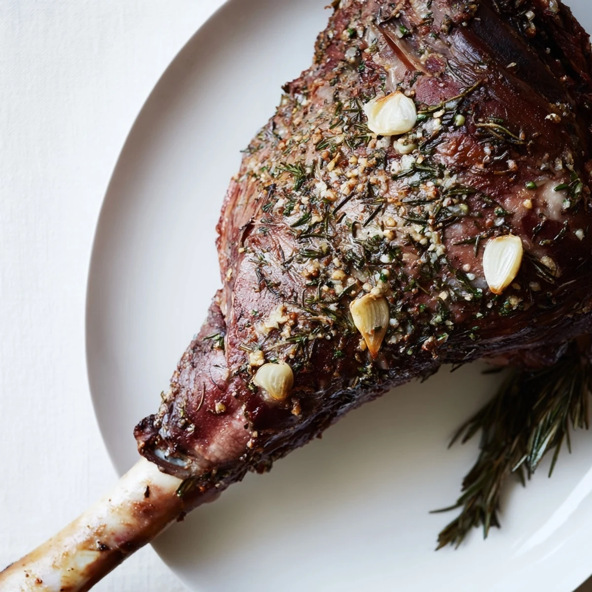 A sliced slow roasted leg of lamb with garlic and rosemary shows juicy, tender pink meat next to roasted carrots.