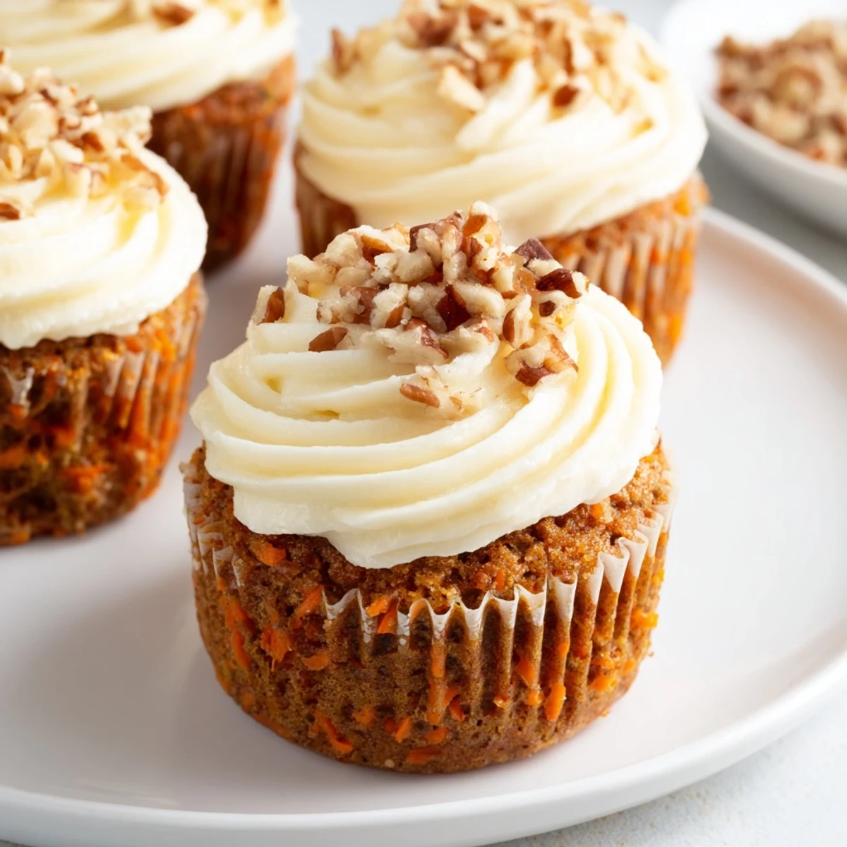Twelve golden Carrot Cake Cupcakes with cream cheese frosting are arranged on a white platter, garnished with chopped walnuts and ready to serve.