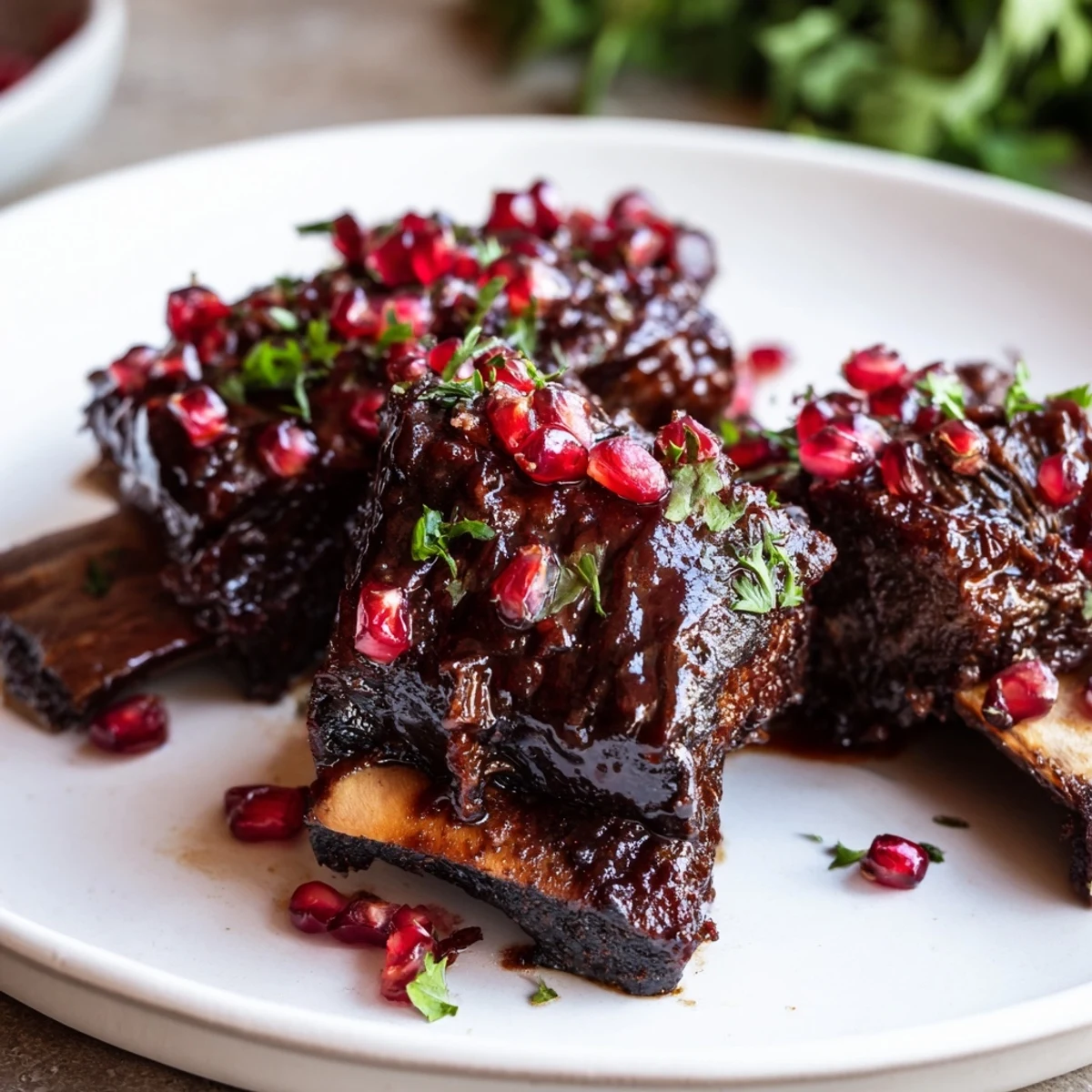 Tender, fall-off-the-bone short ribs in a glossy, tangy pomegranate glaze, perfect over creamy mashed potatoes.