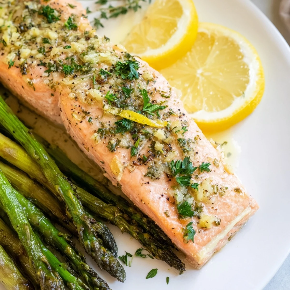 Healthy gluten-free dinner: tender Sheet Pan Lemon Herb Salmon with Roasted Asparagus on a rimmed pan, ready to serve.