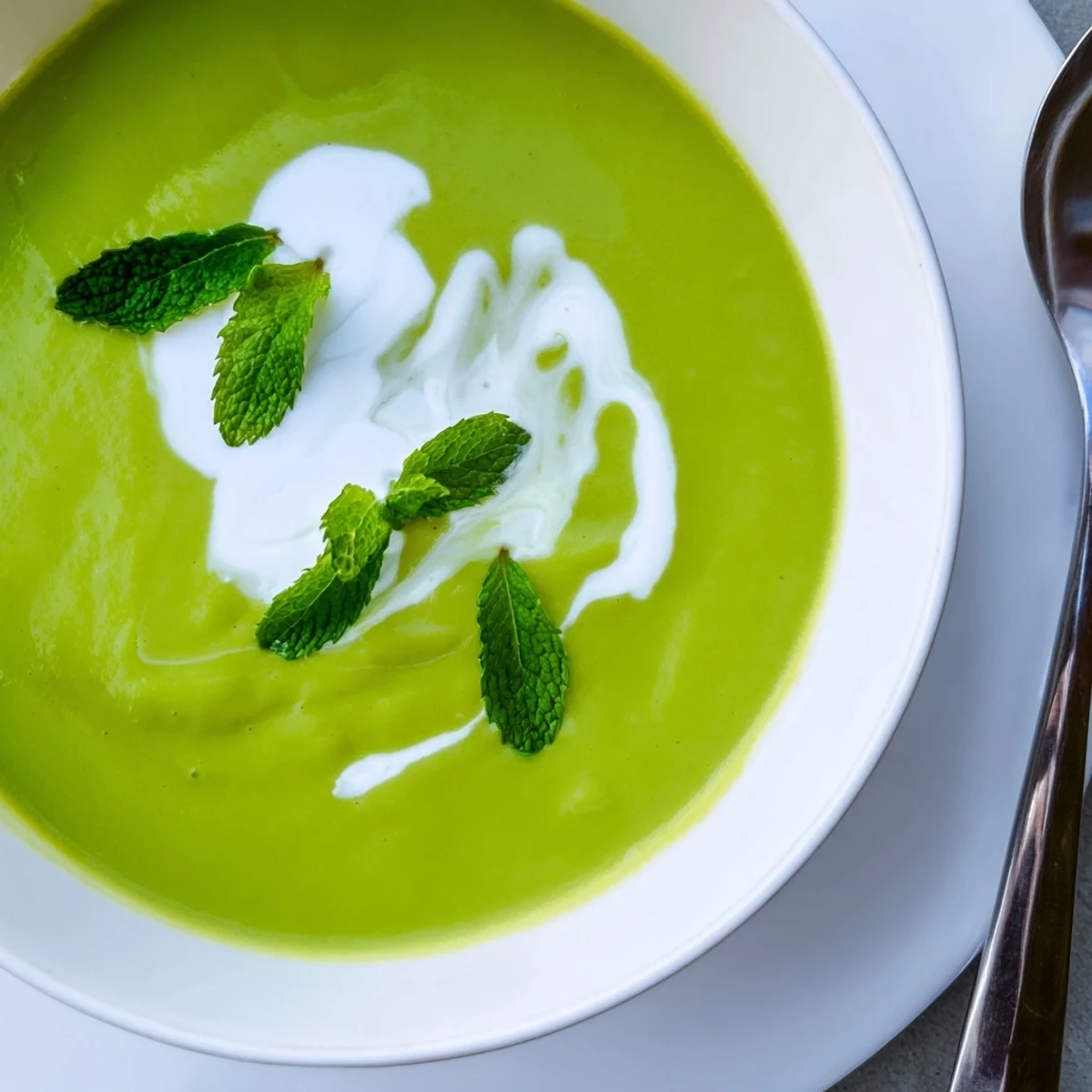 Silky Creamy Spring Pea and Mint Soup with Crème Fraîche ready to serve with crusty bread.