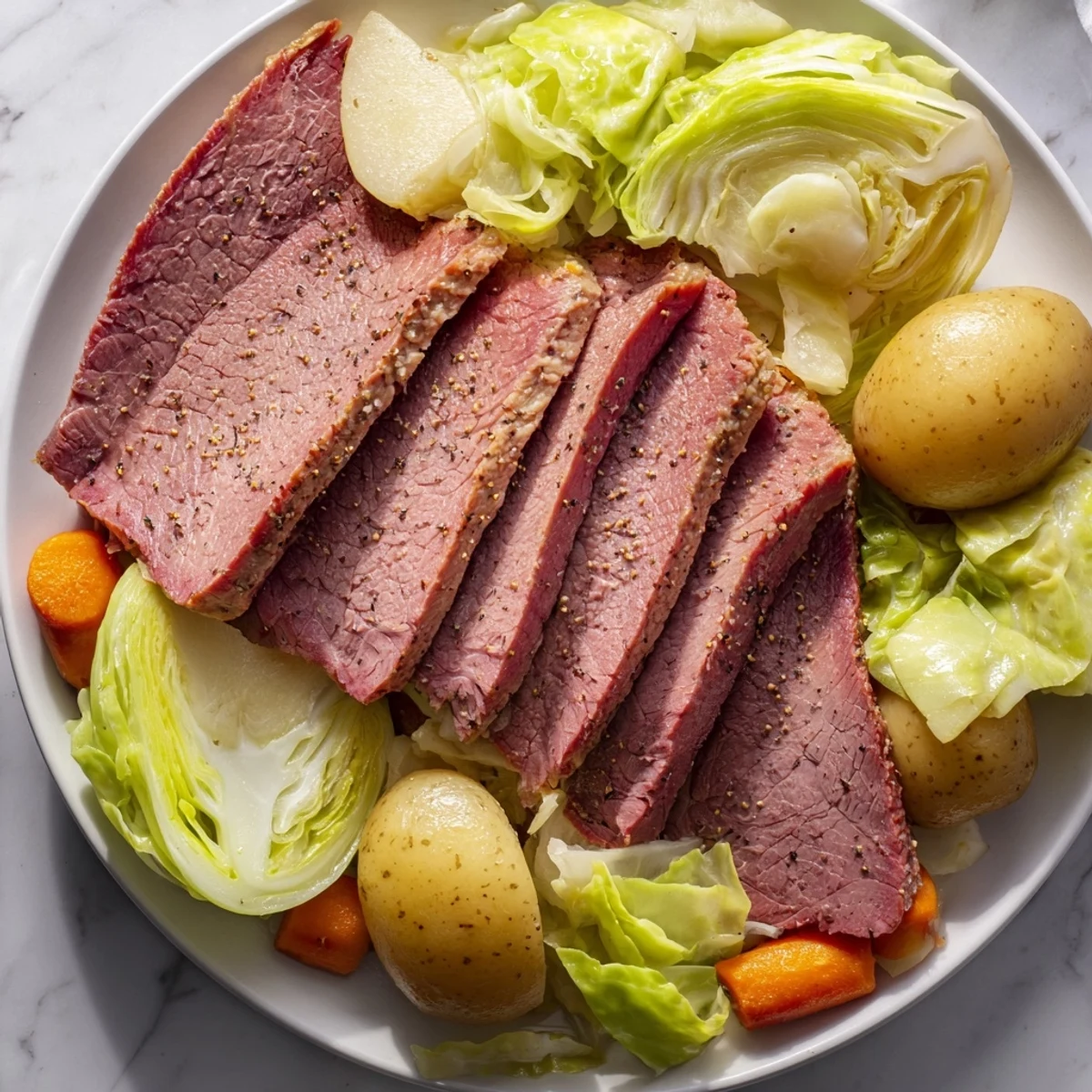 Overhead view of Slow Cooked Corned Beef Brisket with Cabbage Wedges, perfect for a cozy St. Patrick’s Day dinner.