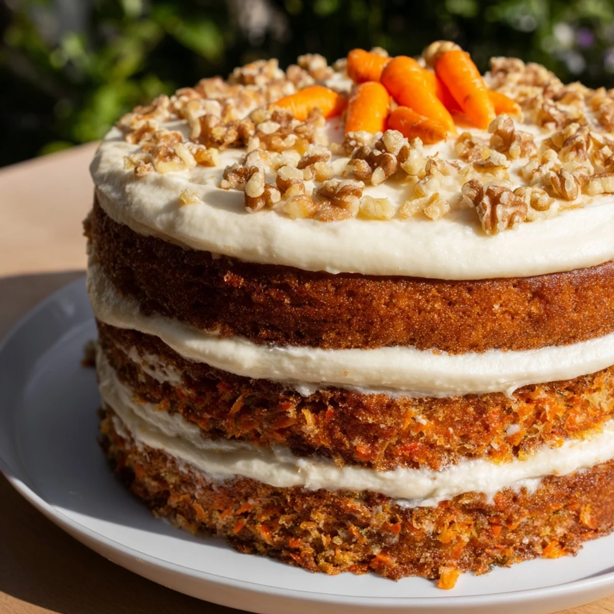Carrot Cake Layer Cake with Cream Cheese Frosting sits frosted, with walnut garnish and carrot curls on top.