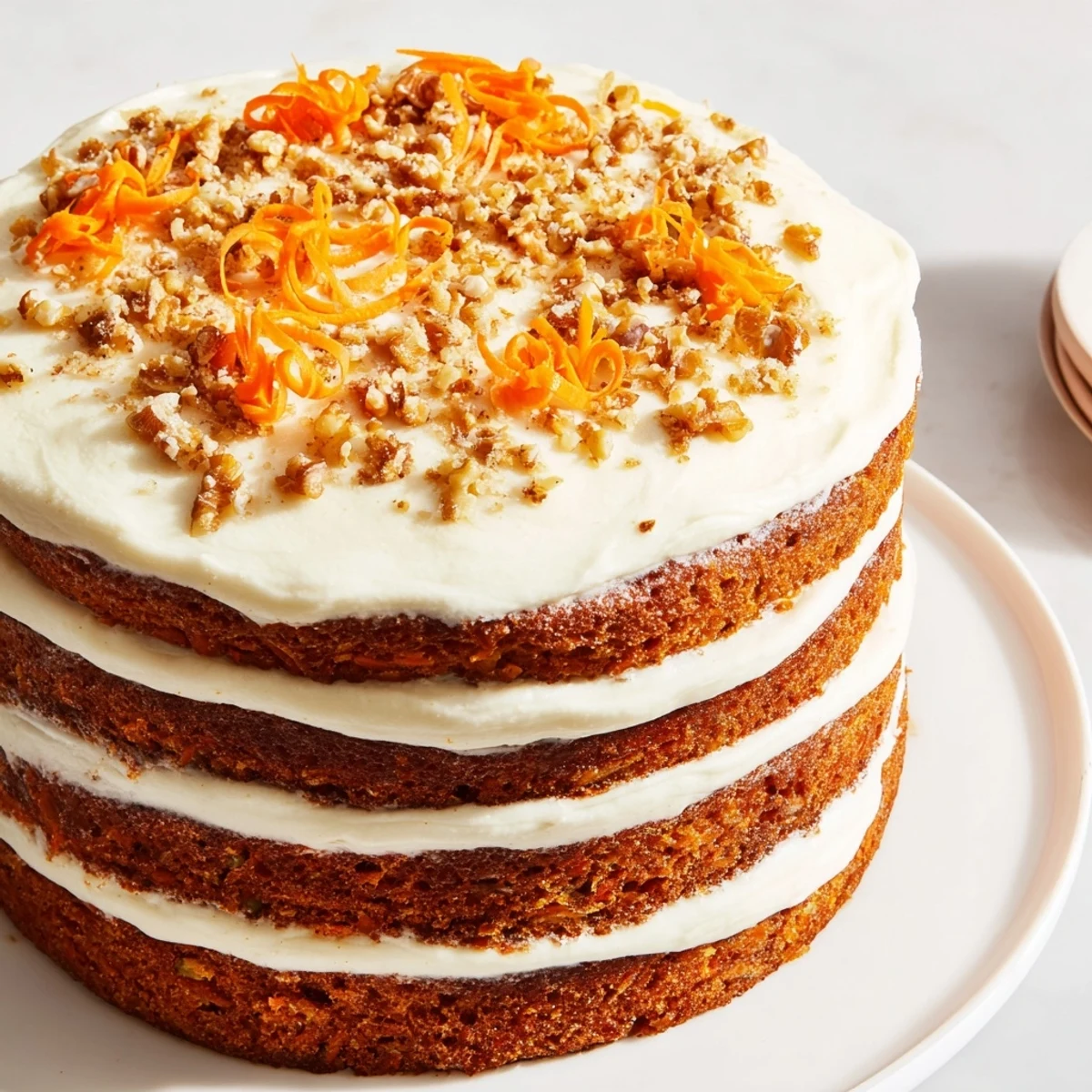 A close view of Carrot Cake Layer Cake with Cream Cheese Frosting reveals fluffy layers and a silky finish.