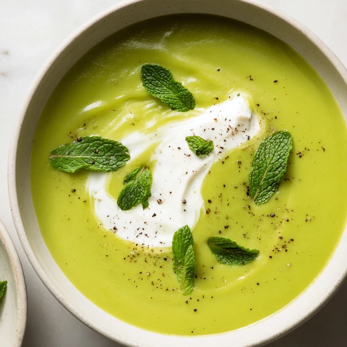 Close up view of Creamy Spring Pea and Mint Soup with Crème Fraîche featuring silky texture and fresh spring vegetables.
