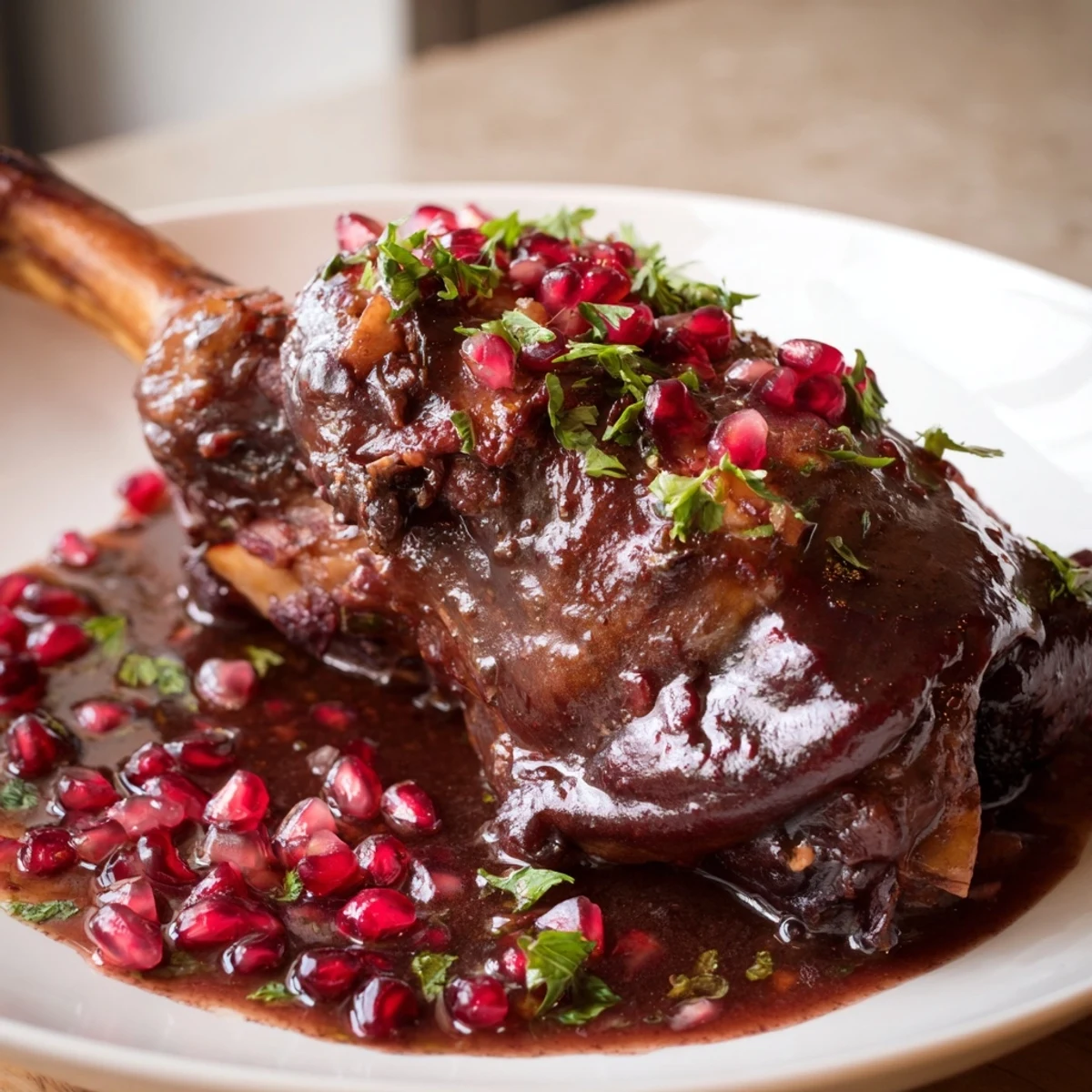 Slow-braised lamb shanks glistening with deep red pomegranate reduction, garnished with fresh parsley and seeds.