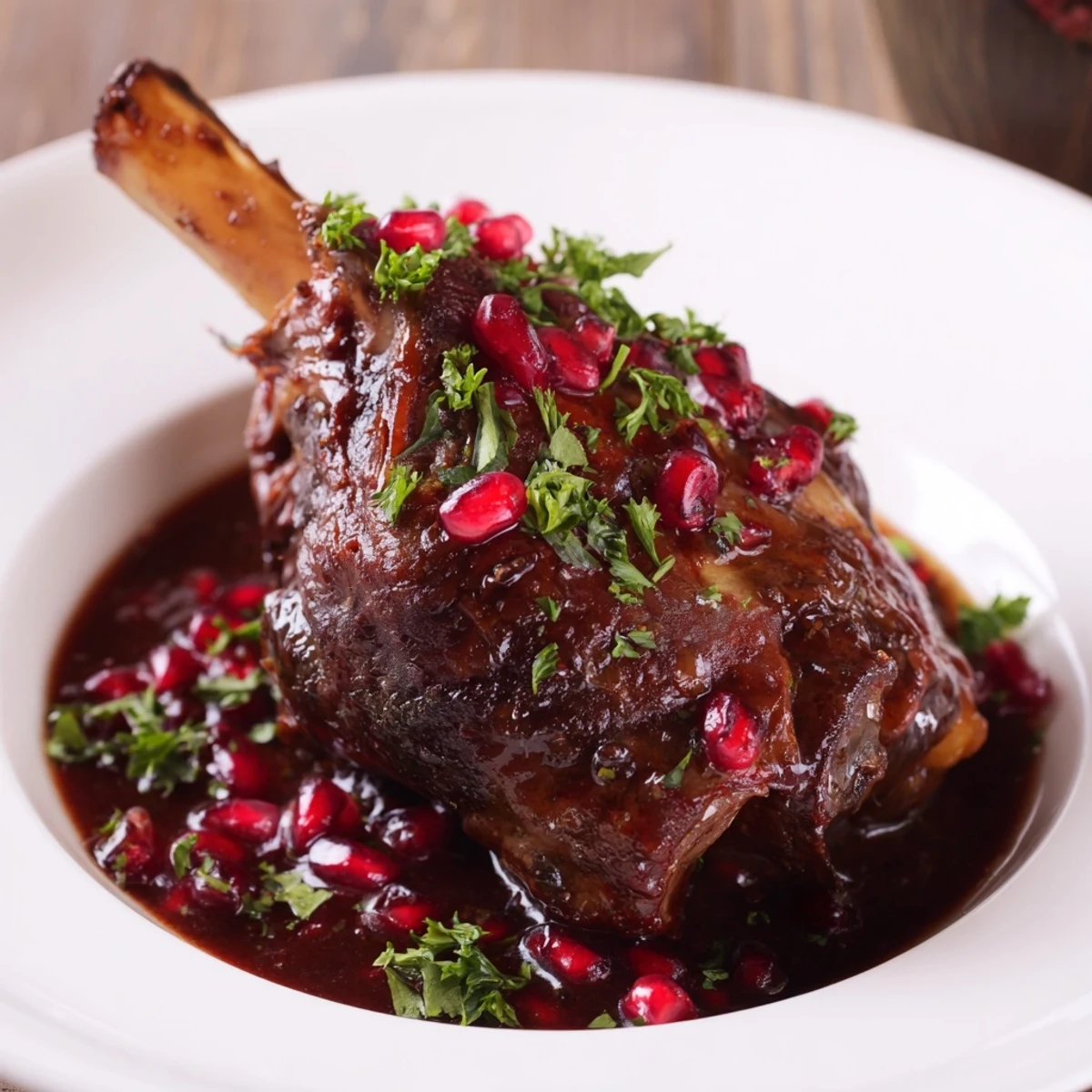 Braised Lamb Shanks with Pomegranate Reduction served over creamy polenta for a cozy, elegant dinner.