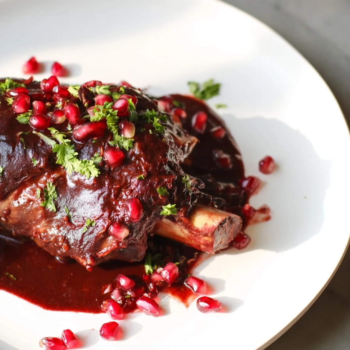 Fork-tender lamb shanks in aromatic spice sauce topped with jewel-like pomegranate seeds for a festive touch.