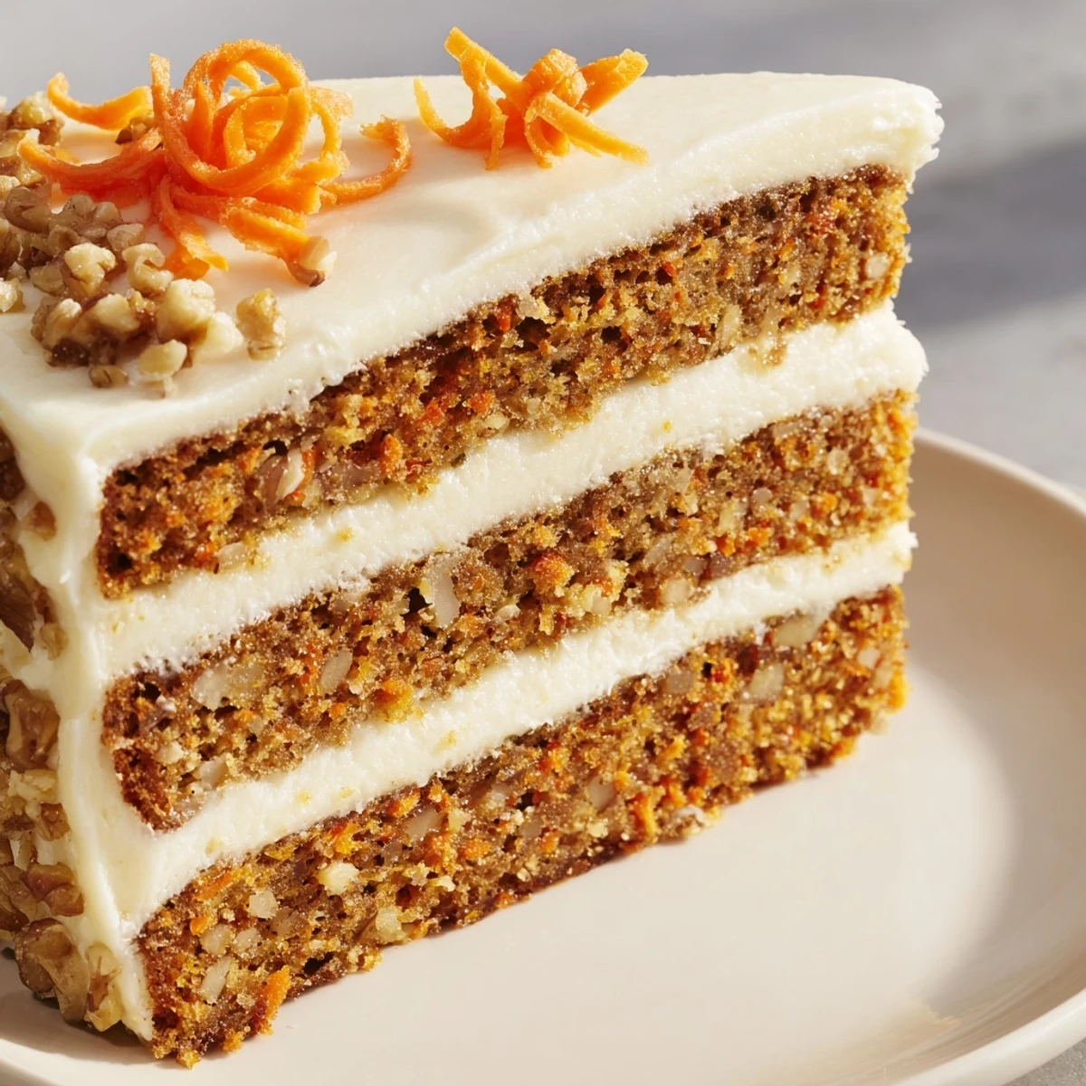 Moist layers of Carrot Cake Layer Cake with Cream Cheese Frosting, topped with chopped nuts, shown on a white plate.