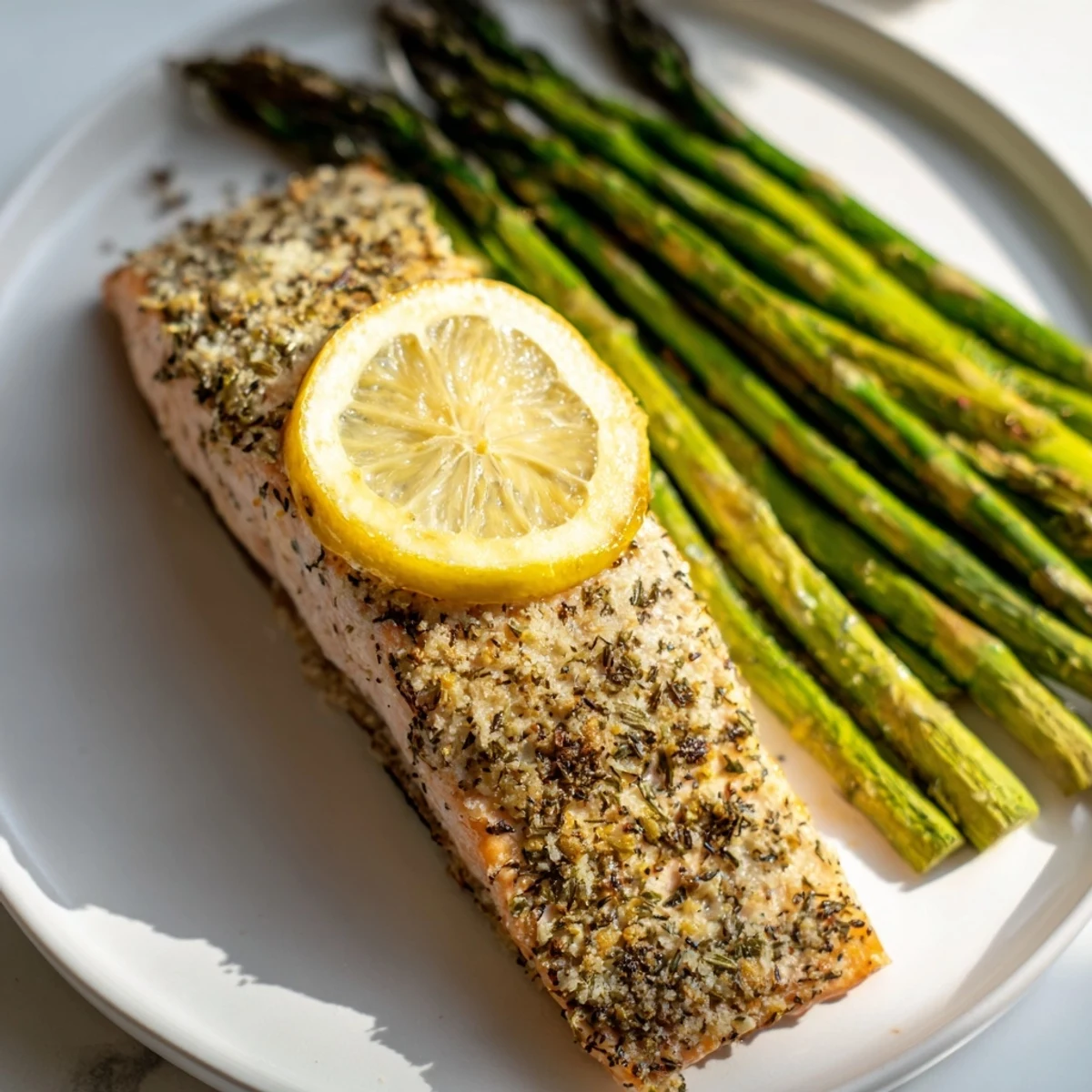 Sheet Pan Lemon Herb Salmon with Roasted Asparagus paired with quinoa on a plate, steam rising from the tender fish and veggies.