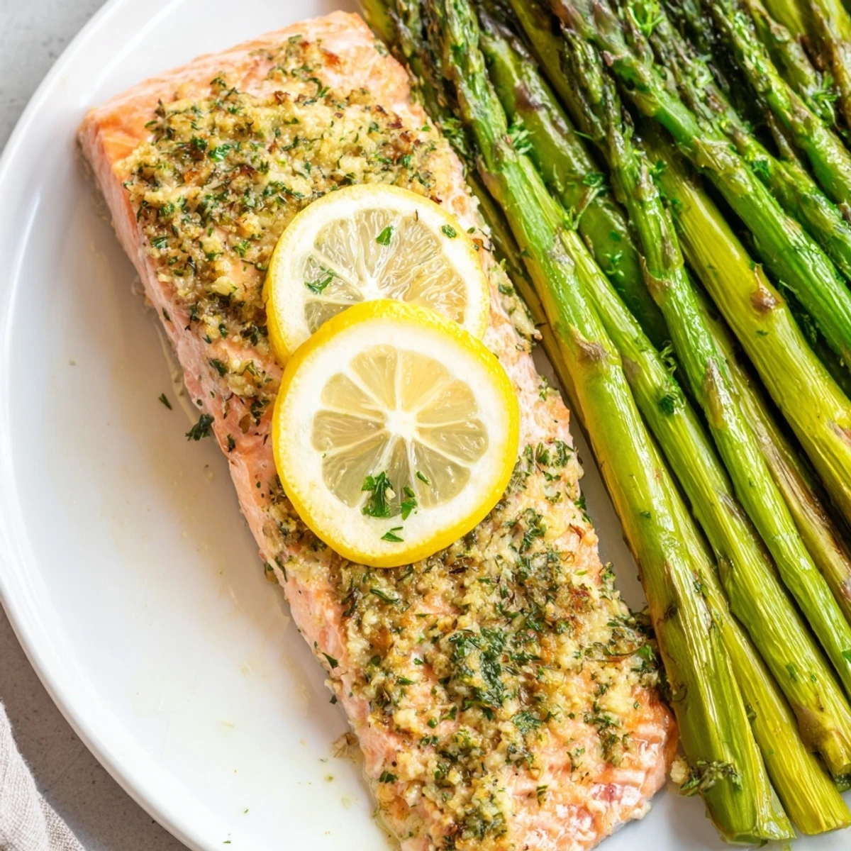 Close-up of Sheet Pan Lemon Herb Salmon with Roasted Asparagus highlighting the garlic herb crust and crisp-tender green asparagus spears.