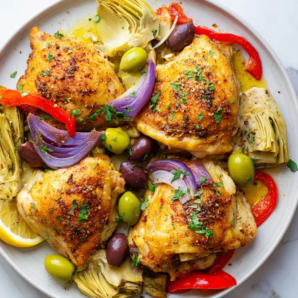 Golden-brown Sheet Pan Lemon Herb Chicken with Artichokes and Olives rests alongside vibrant red peppers and onions.  